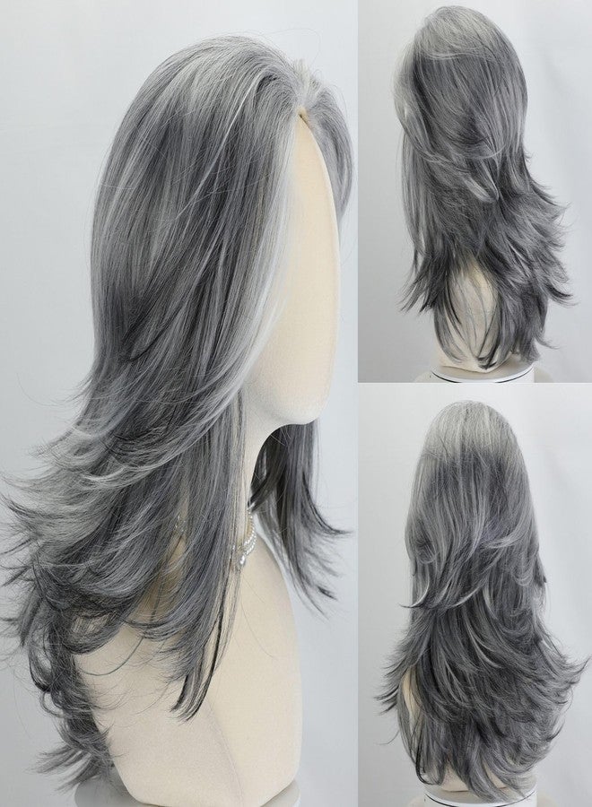 Fencca Silver Grey Wigs For White Women Wavy Layered Wig, Medium-length Salt Pepper Wig With Synthetic Highlight Grey Wave Shaggy Wigs 20Inch Synthetic Hair For Daily Party Use - Image 2